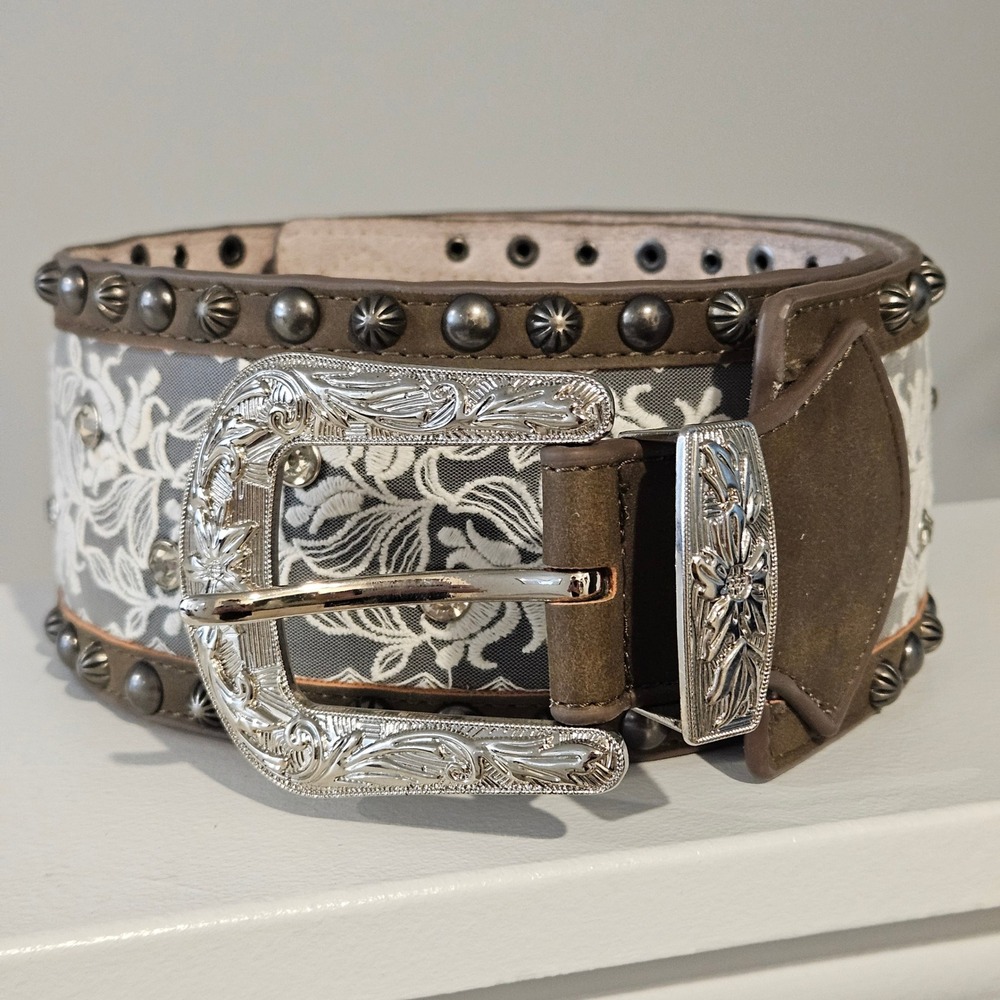 Western Lace Floral Rhinestone Studded Leather Belt Women Brown 33-36" Cowgirl
